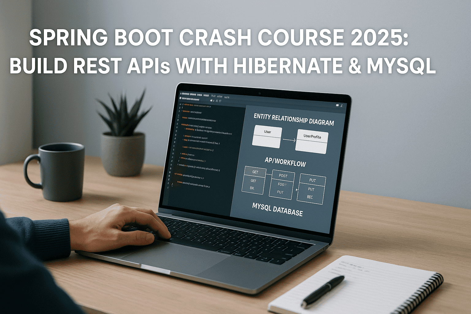 Spring Boot REST APIs course image showing a UK learner building REST services with Hibernate, MySQL and Spring tooling.