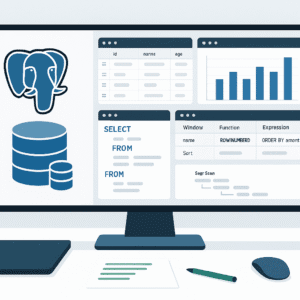 Modern workspace showing PostgreSQL dashboards, query editors, charts, and tables representing SQL data analysis concepts