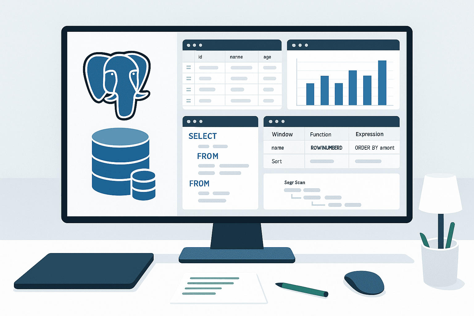Modern workspace showing PostgreSQL dashboards, query editors, charts, and tables representing SQL data analysis concepts