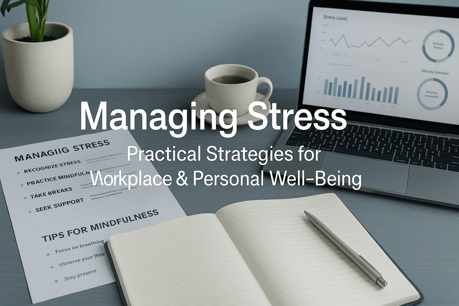 A calm UK-style workspace with mindfulness tools, notes, and a laptop displaying stress-management charts for stress management training.