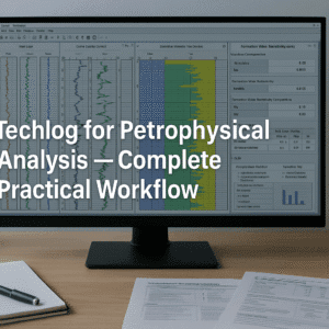 Techlog petrophysical analysis course image showing well logs, zonation panels, Rw calculations and a clean UK-style technical workspace.