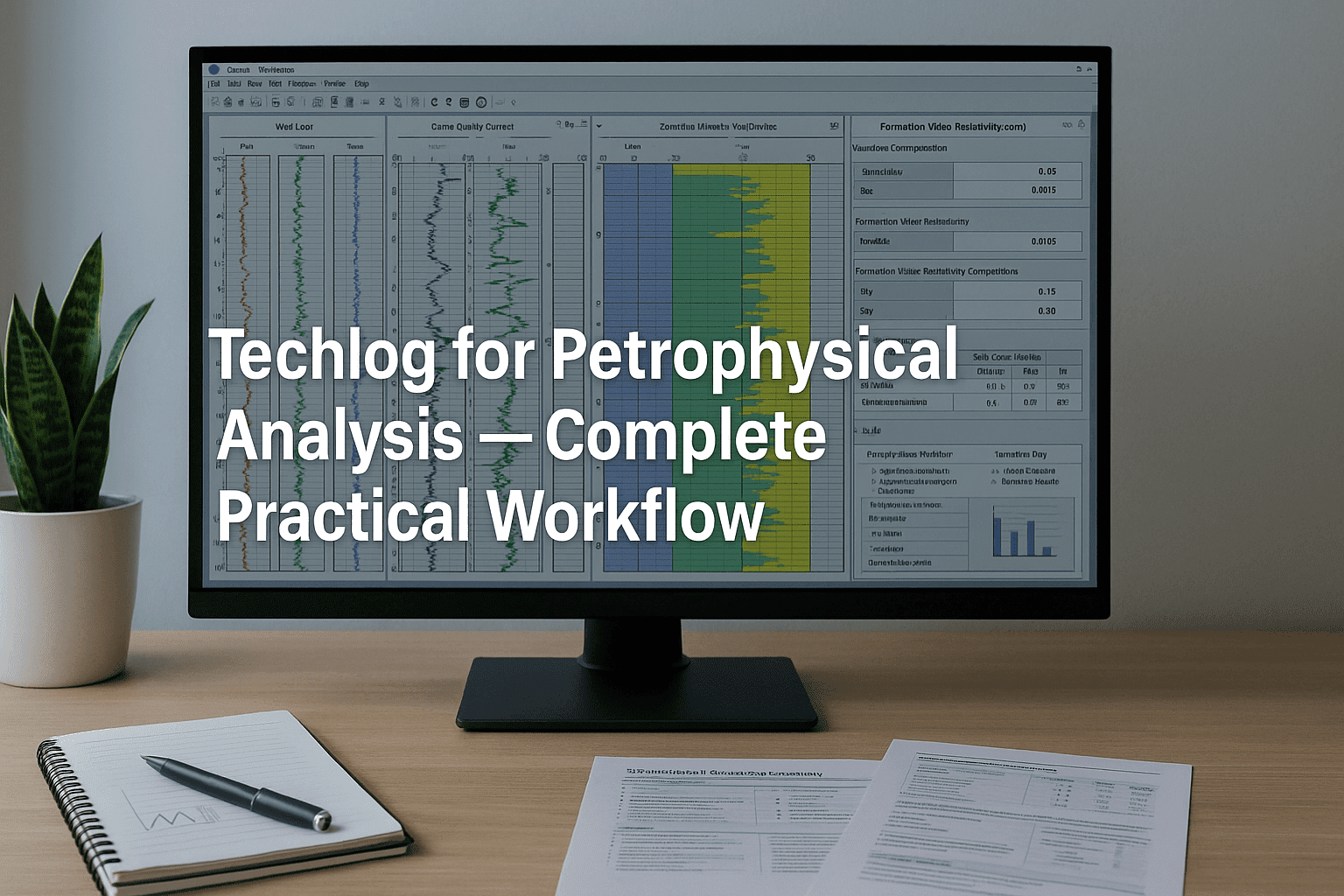 Techlog petrophysical analysis course image showing well logs, zonation panels, Rw calculations and a clean UK-style technical workspace.