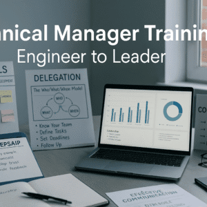 Modern UK-style workspace with leadership notes, team planning boards, laptops and charts illustrating Technical Manager Training concepts and skills.