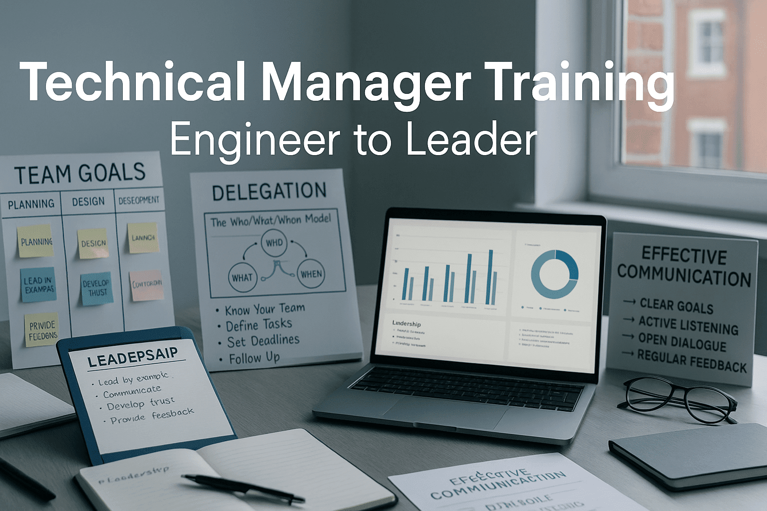 Modern UK-style workspace with leadership notes, team planning boards, laptops and charts illustrating Technical Manager Training concepts and skills.