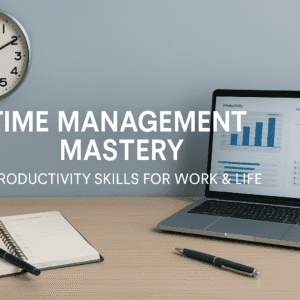 A modern UK-style workspace showing a planner, clock, laptop, and productivity notes to illustrate time management skills.