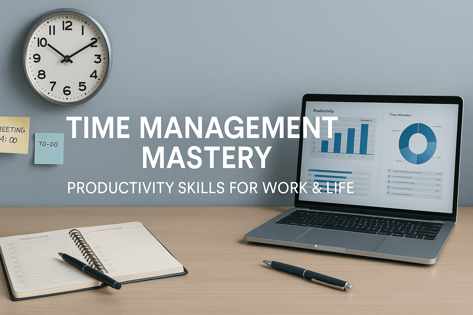 A modern UK-style workspace showing a planner, clock, laptop, and productivity notes to illustrate time management skills.