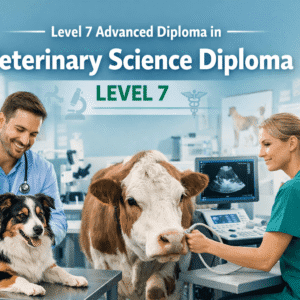 Veterinary Science Diploma Level 7 showing a UK veterinary professional examining animals in a modern clinical setting