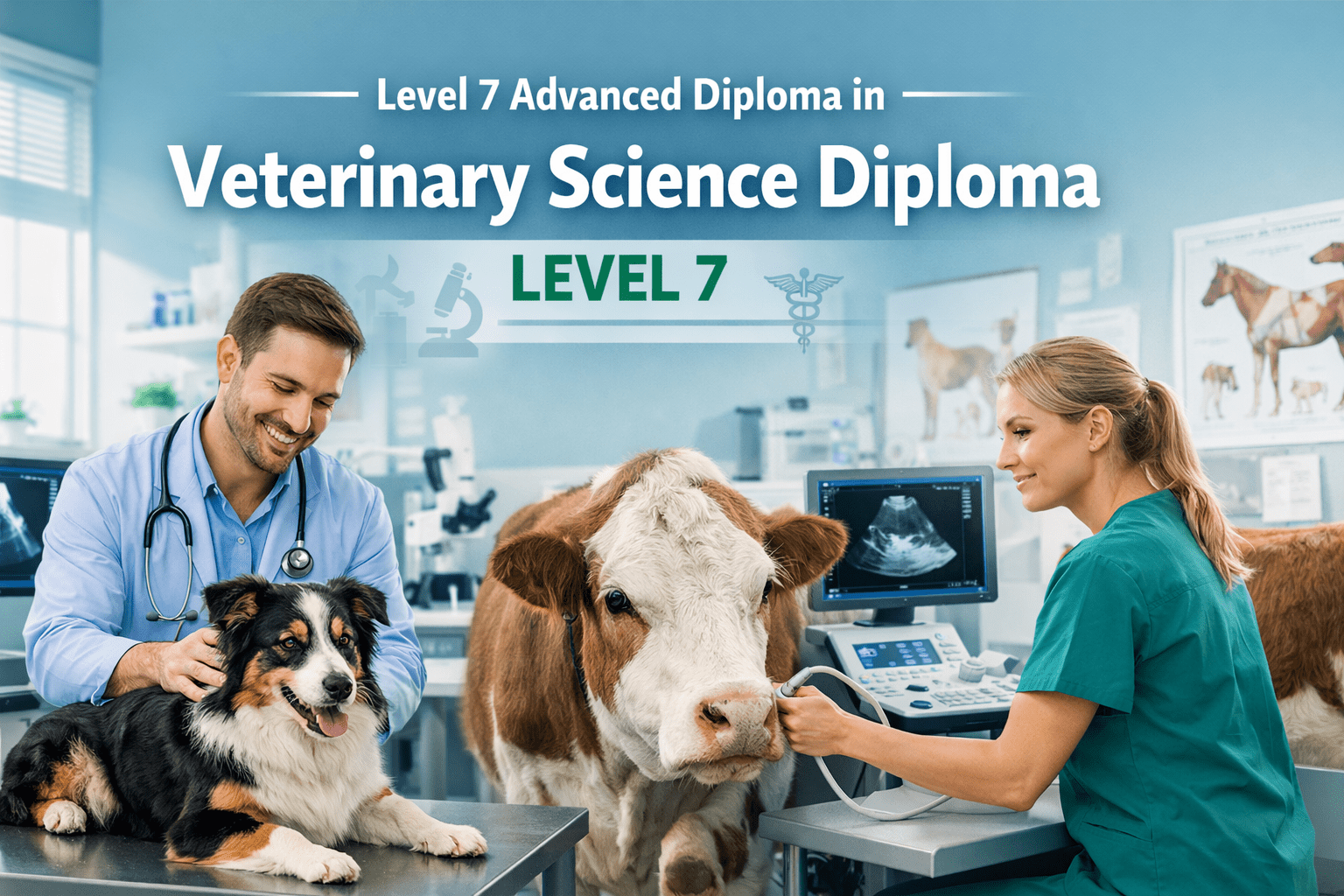 Veterinary Science Diploma Level 7 showing a UK veterinary professional examining animals in a modern clinical setting