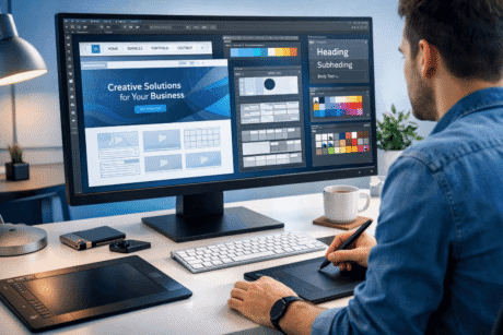 Designer creating UI layouts in an Affinity Web Design Masterclass with wireframes, colour palettes and responsive layouts