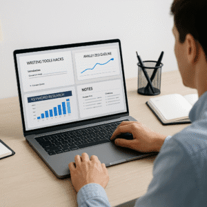 Professional workspace showing digital writing tools, SEO dashboards, and content planning screens illustrating writing tools hacks in action.