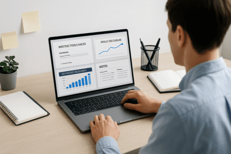 Professional workspace showing digital writing tools, SEO dashboards, and content planning screens illustrating writing tools hacks in action.