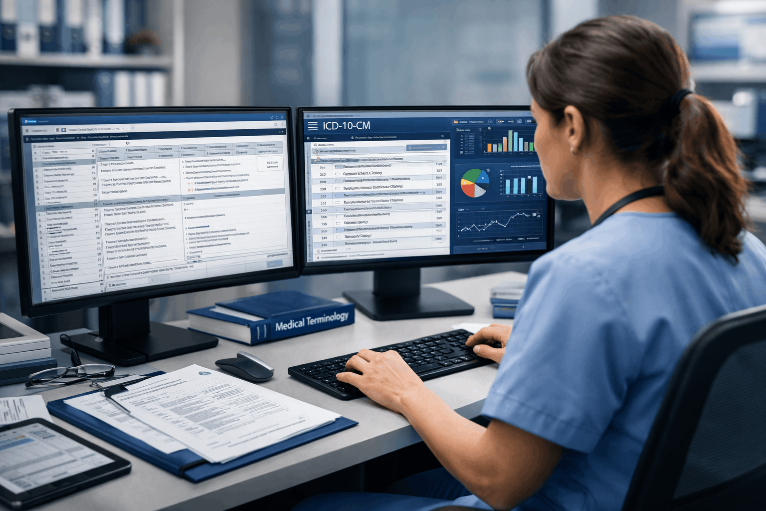 Professional healthcare data analyst using software during Clinical Coding Diploma Level 8 training in UK clinical setting