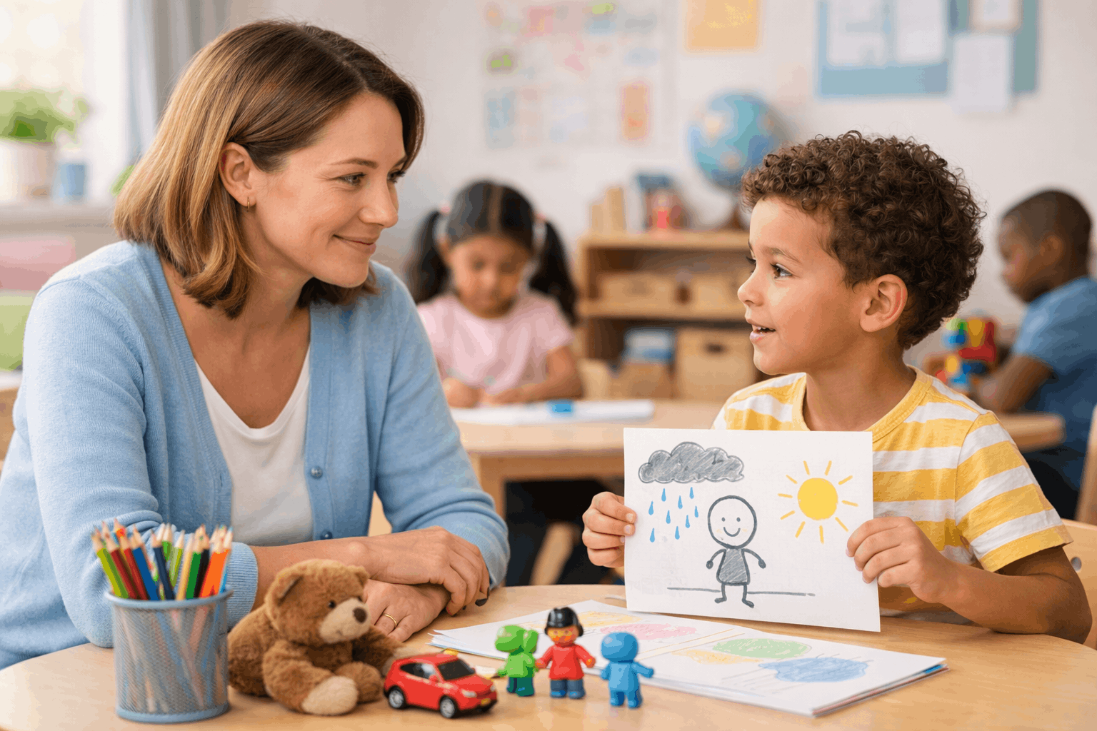 Communicating with Children training showing an adult supporting a child through positive, caring conversation