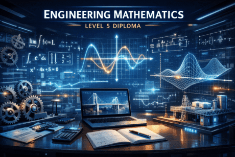 Engineering mathematics Level 5 diploma showing formulas, graphs and engineering models in a professional digital learning environment