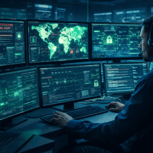 Network Security Training showing a cybersecurity analyst monitoring networks and ethical hacking tools on digital screens