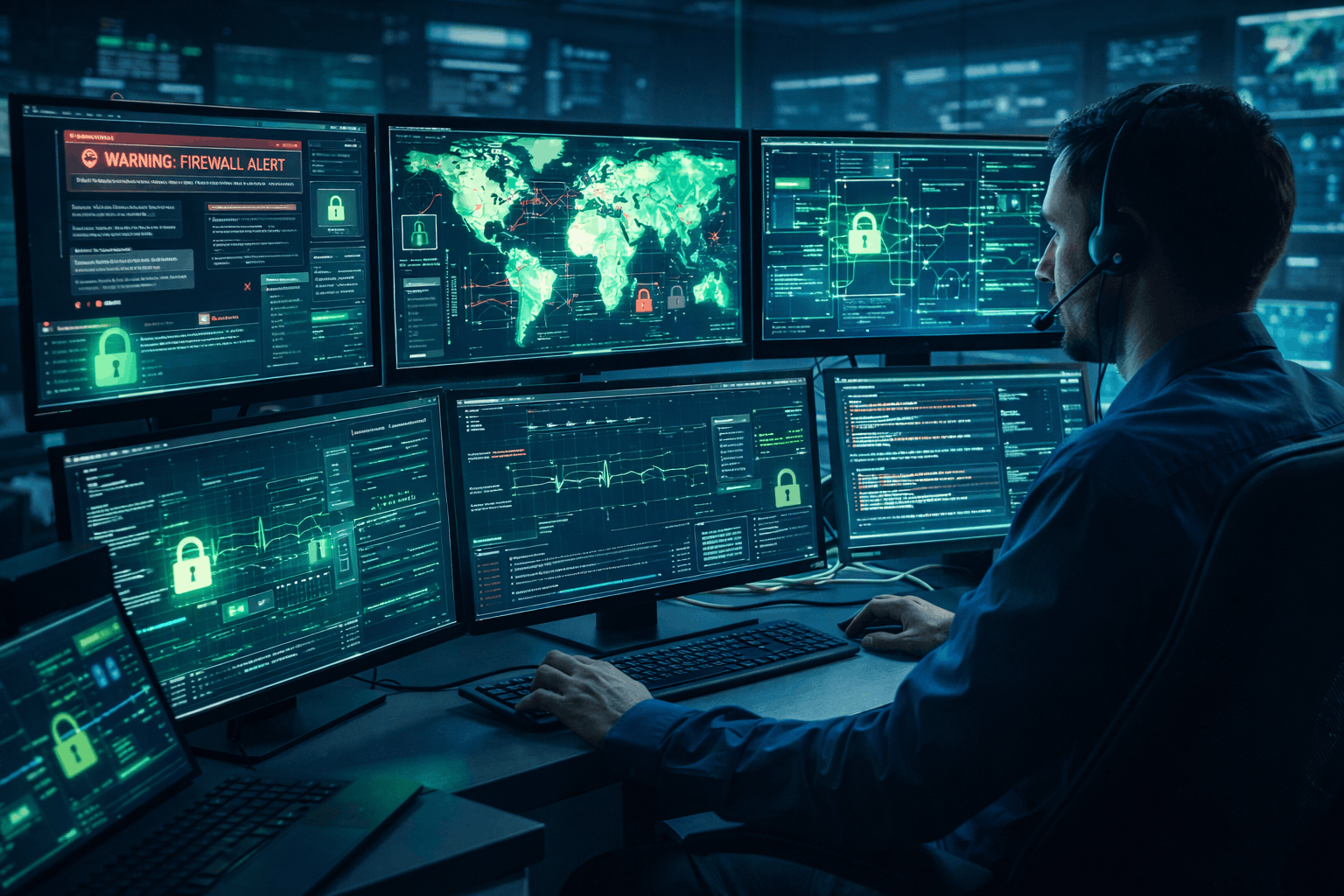 Network Security Training showing a cybersecurity analyst monitoring networks and ethical hacking tools on digital screens