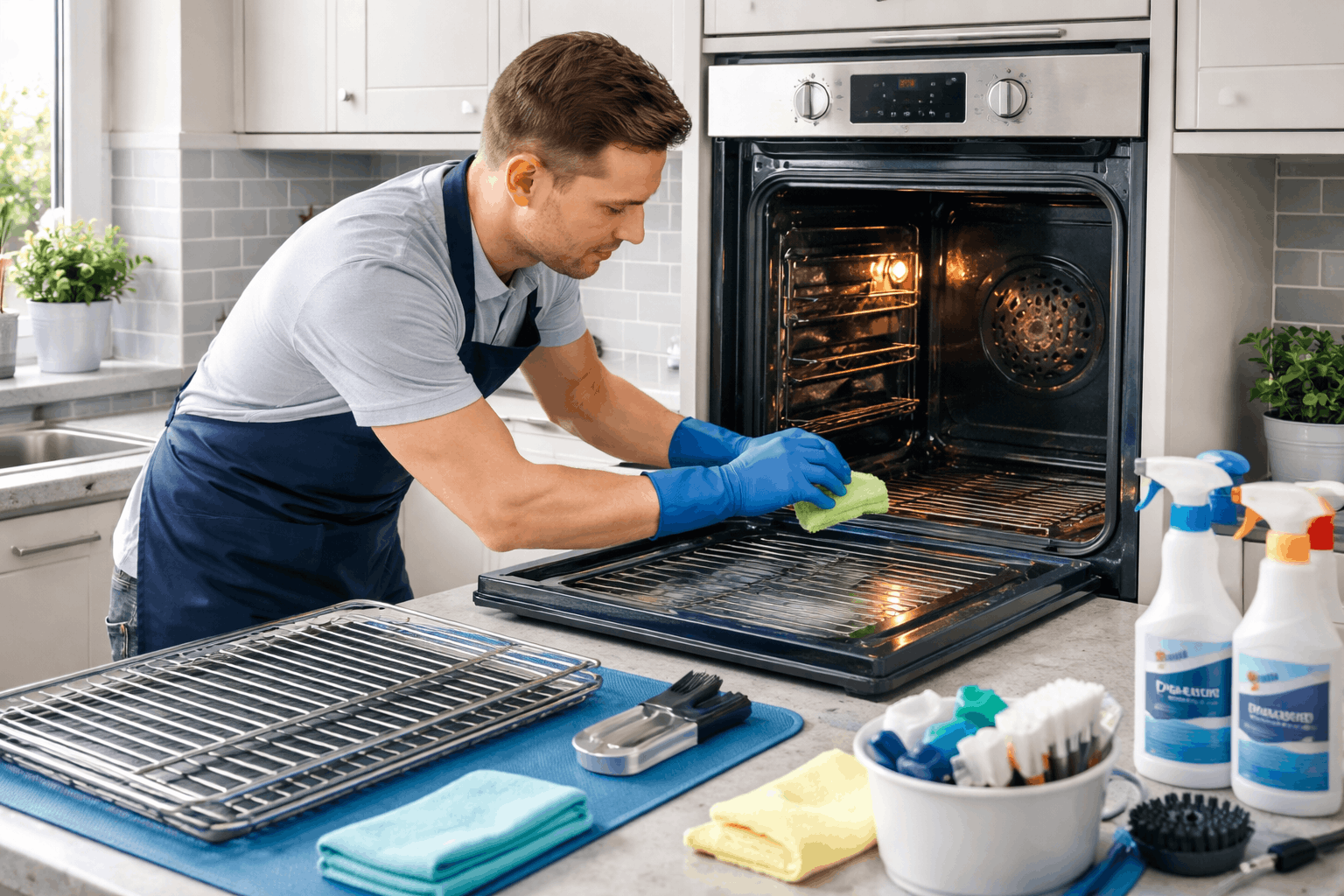 Professional technician cleaning a modern UK oven during an oven cleaning course, using approved tools, safety gloves, and professional methods.