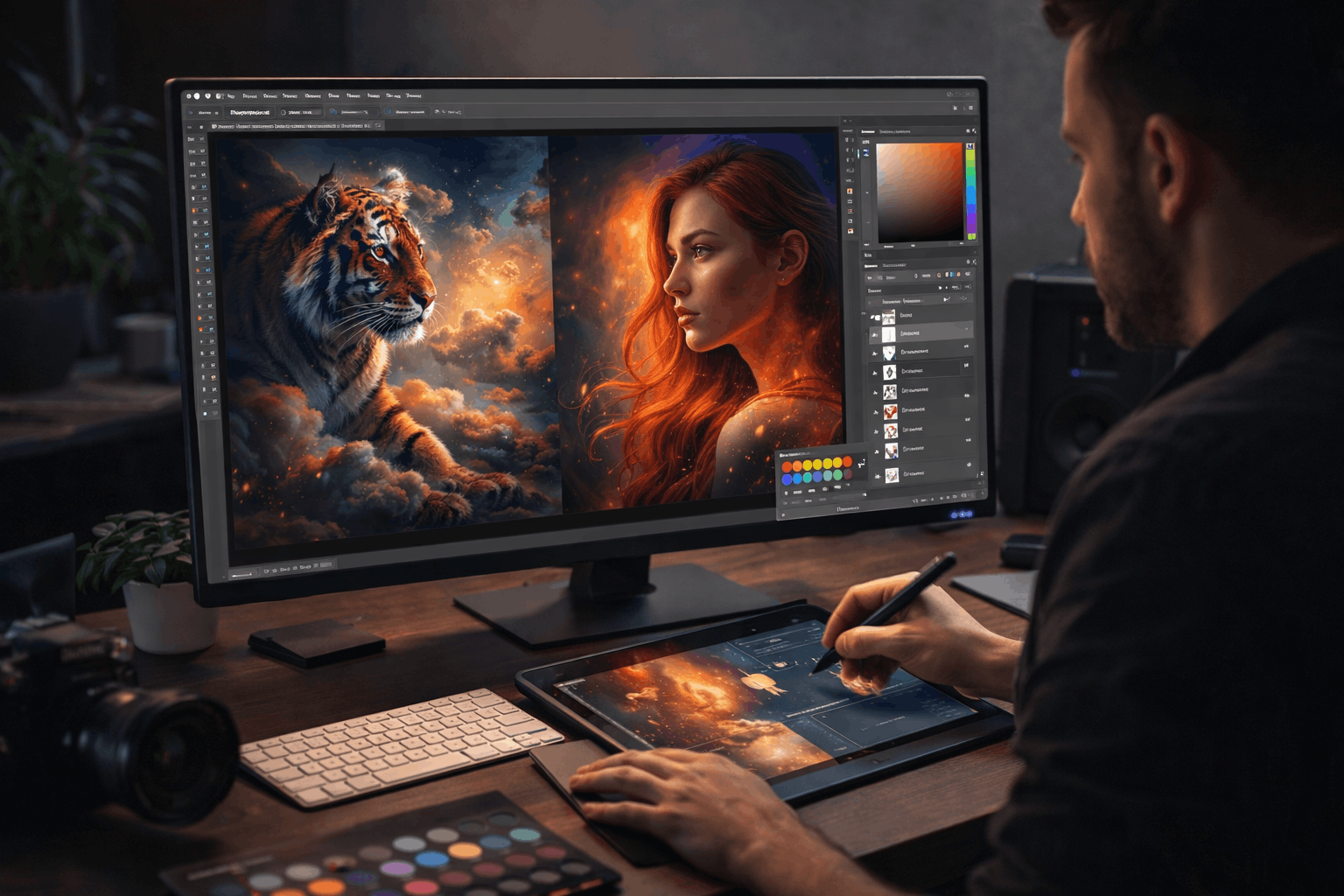 Photoshop CC Masterclass showing a designer creating digital artwork and photo edits on a professional workspace