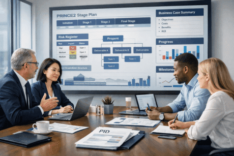 PRINCE2 project management training shown in a modern UK business project planning environment with charts and timelines
