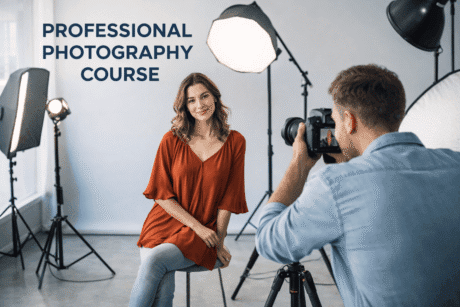 Professional photography course showing a photographer using a DSLR camera with studio lighting and portrait setup