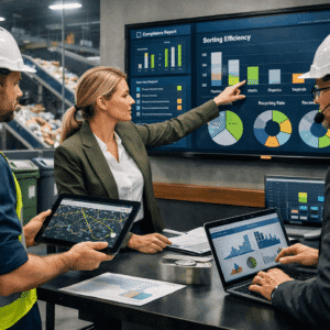 Professionals analysing recycling systems and sustainability strategy in a Waste Management Diploma training environment