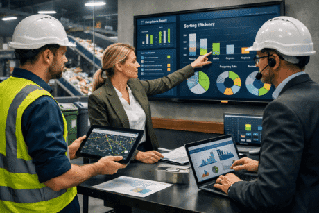 Professionals analysing recycling systems and sustainability strategy in a Waste Management Diploma training environment