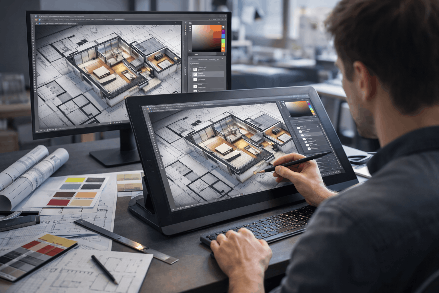 Architect working on AutoCAD Floor Plan Rendering using Photoshop tools in a modern architectural design studio