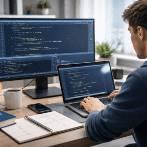 Student coding on laptop during C++ Programming Course learning software development basics in a modern workspace