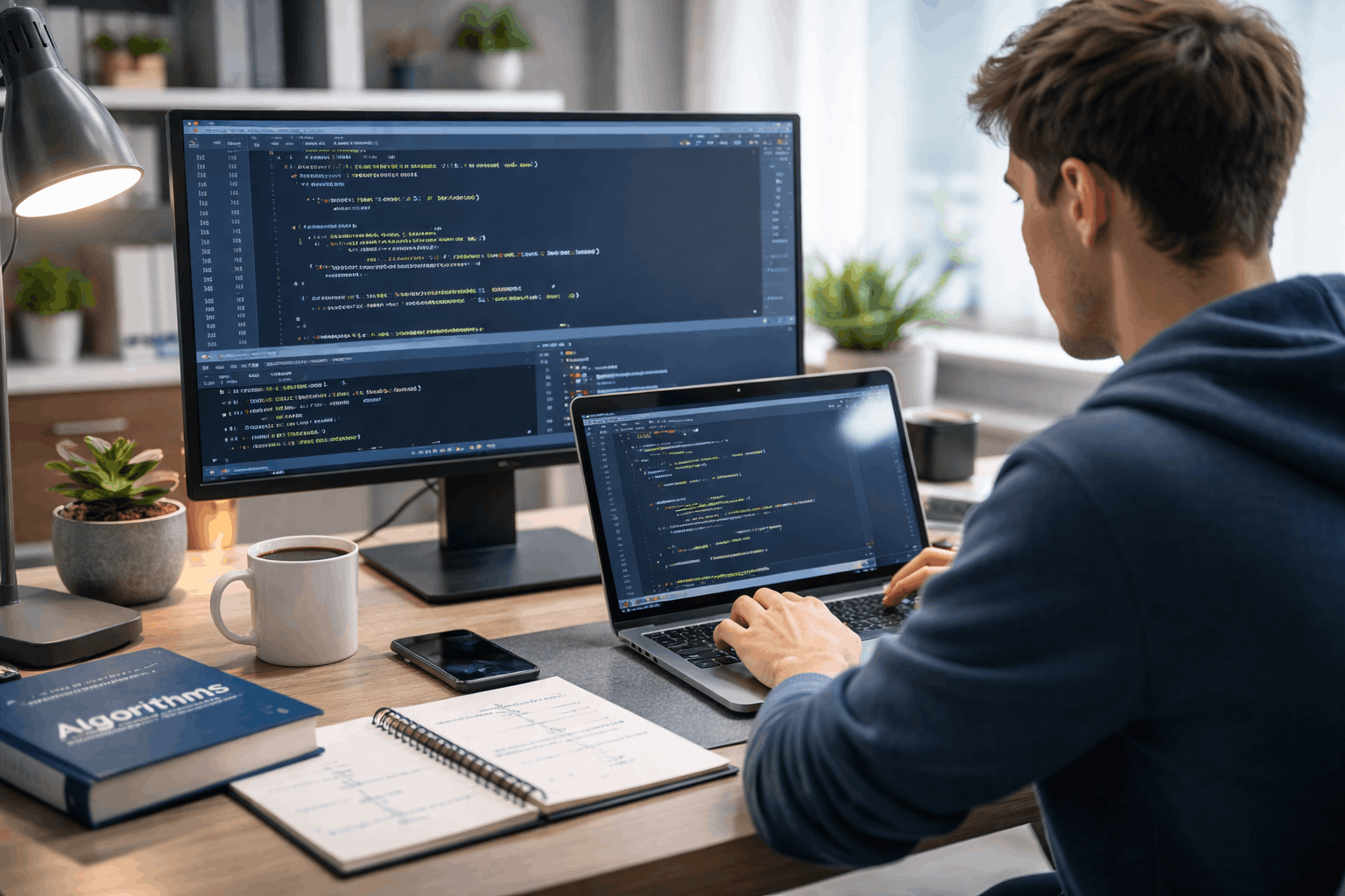 Student coding on laptop during C++ Programming Course learning software development basics in a modern workspace