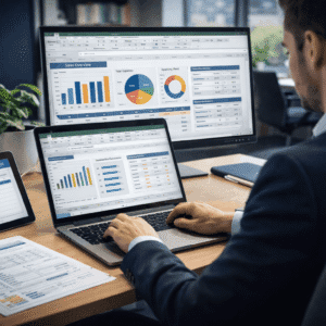 Office professional using Excel Data Analysis tools to review business reports and financial data