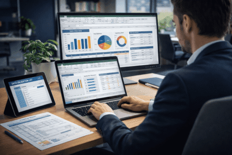 Office professional using Excel Data Analysis tools to review business reports and financial data