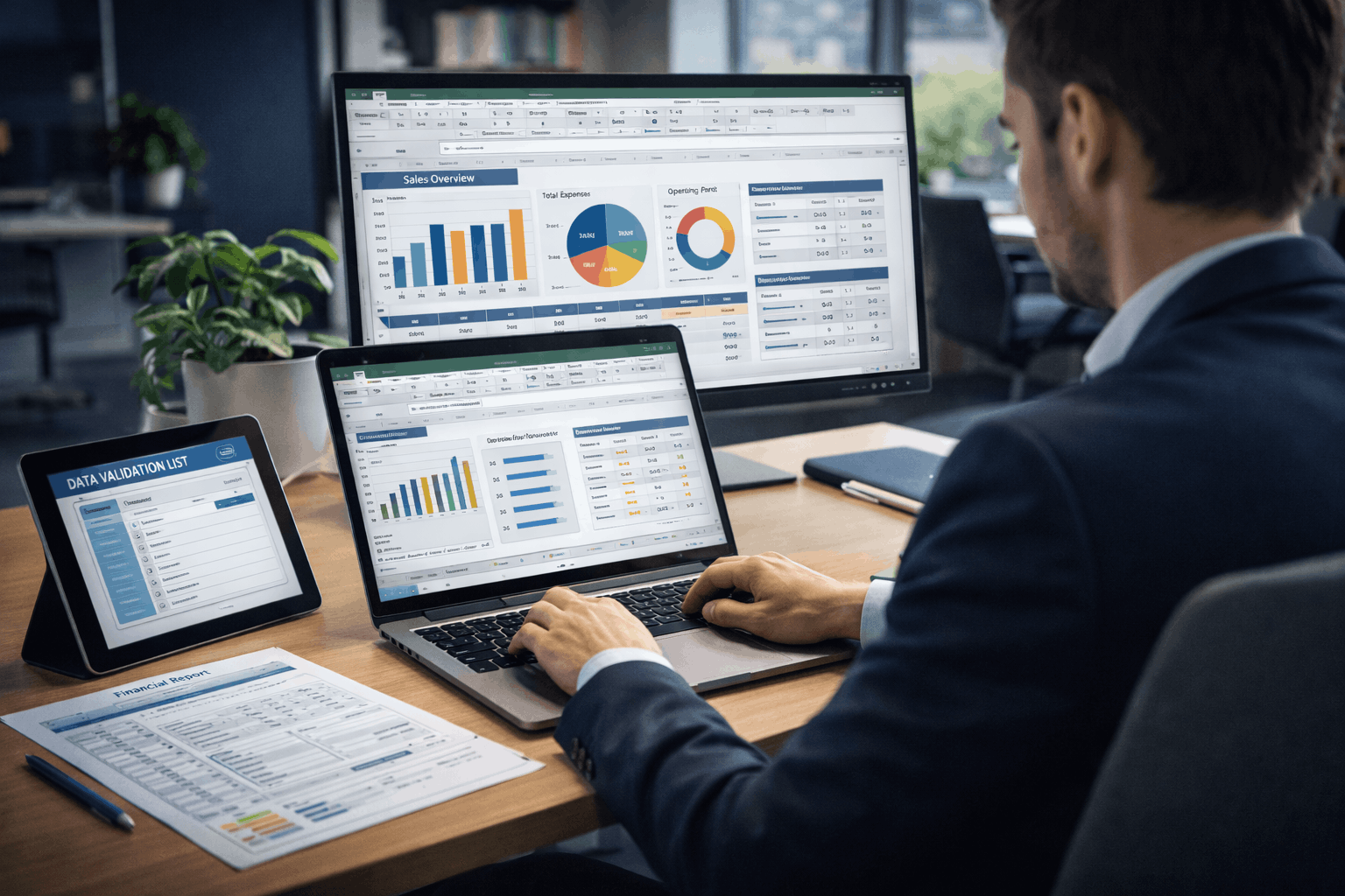 Office professional using Excel Data Analysis tools to review business reports and financial data