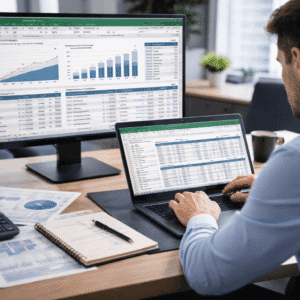 Business analyst building forecasting model in spreadsheet during Financial Modelling Excel training session