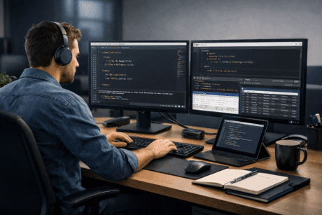 Full Stack Developer working on HTML, JavaScript, PHP and MySQL web application using modern coding tools in a professional setup