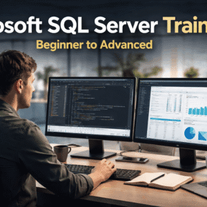 Professional developer working on database queries during Microsoft SQL Server Training using T-SQL and SSMS tools
