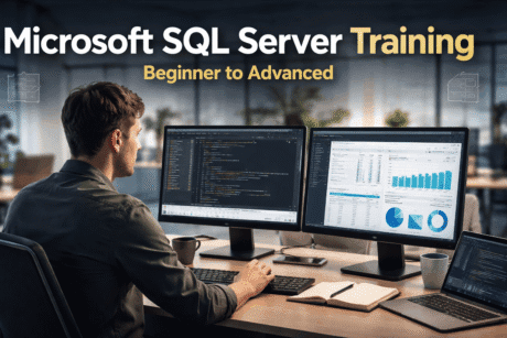 Professional developer working on database queries during Microsoft SQL Server Training using T-SQL and SSMS tools