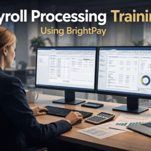 Finance assistant managing payslips and PAYE data during Payroll Processing Training using BrightPay software