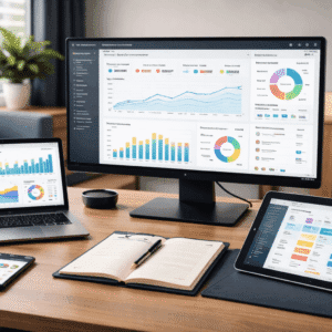 Social media marketing strategy planning workspace with analytics dashboard and content calendar on digital screens