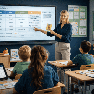 Teacher delivering an English lesson using visual tools in a TEFL Training Course classroom environment