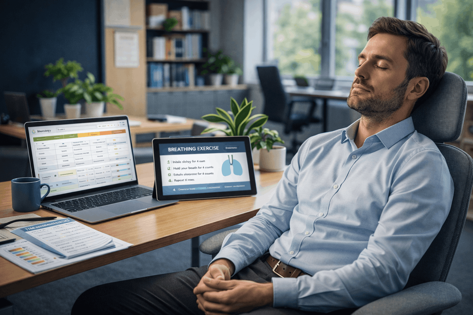 Office professional using relaxation techniques during a Workplace Stress Management training session