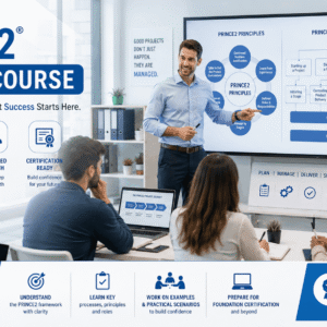 Beginner learning PRINCE2 project governance concepts with charts and planning documents in PRINCE2 Beginner Course training session