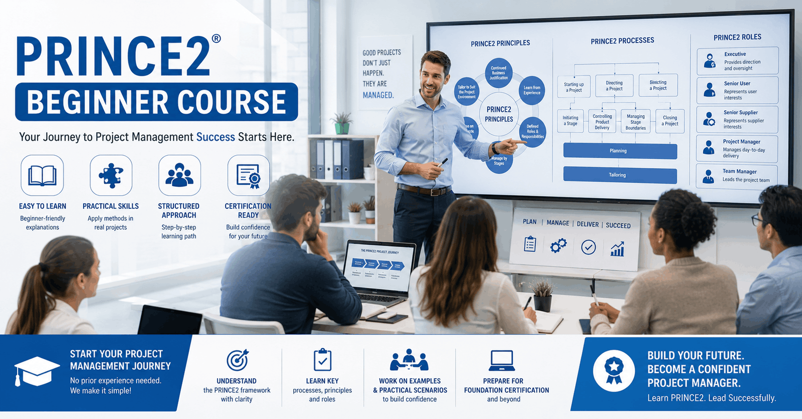 Beginner learning PRINCE2 project governance concepts with charts and planning documents in PRINCE2 Beginner Course training session