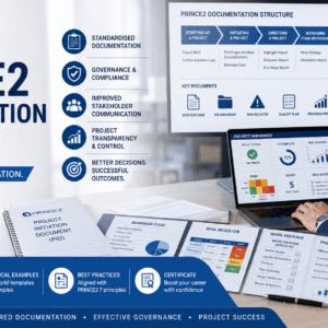 Project manager reviewing PRINCE2 documentation templates including PID, business case, and risk register in PRINCE2 Documentation Course