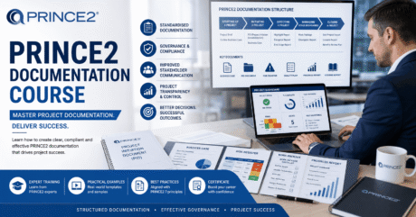 Project manager reviewing PRINCE2 documentation templates including PID, business case, and risk register in PRINCE2 Documentation Course