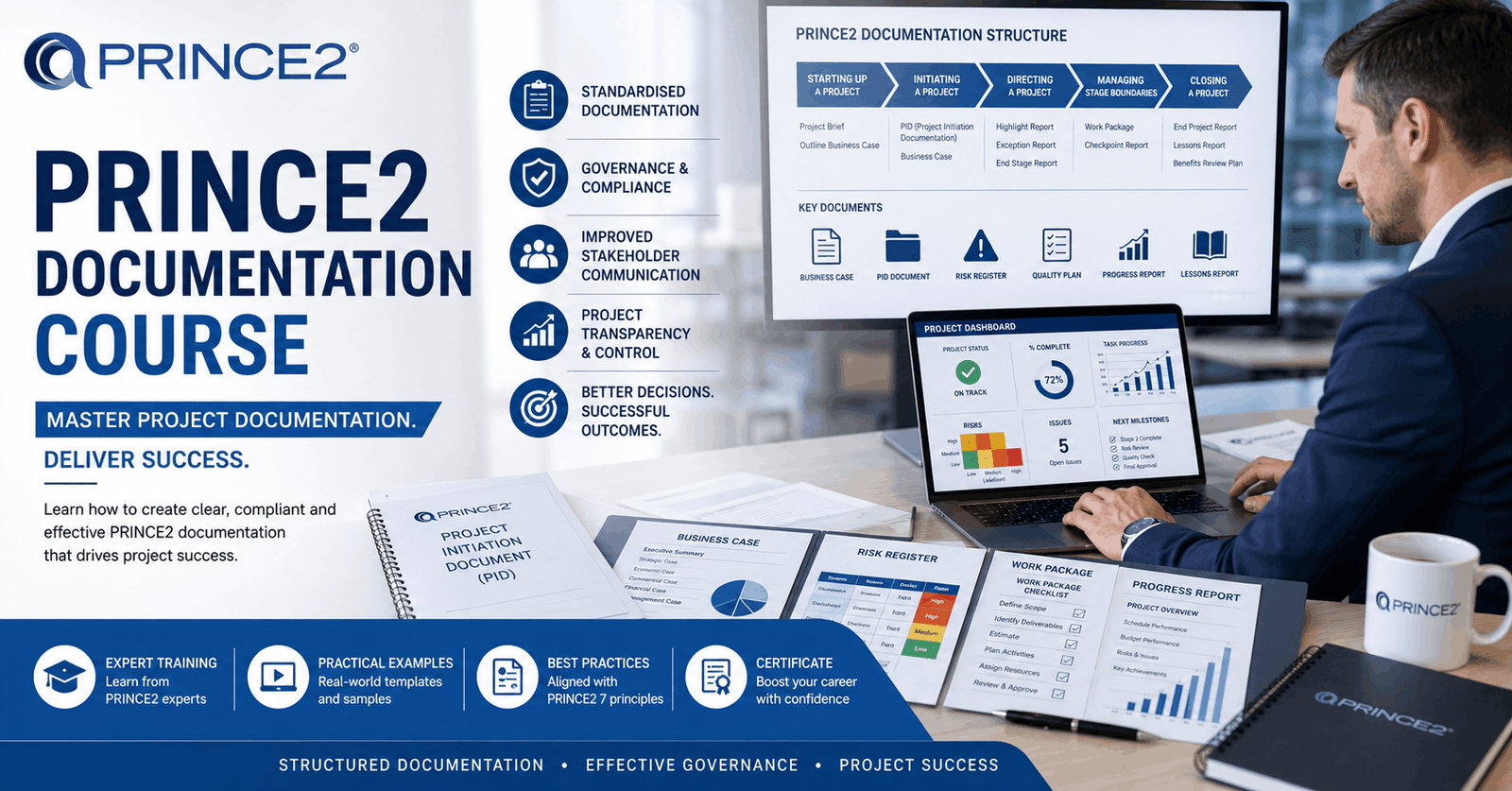 Project manager reviewing PRINCE2 documentation templates including PID, business case, and risk register in PRINCE2 Documentation Course