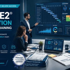 PRINCE2 Foundation Training course with project management dashboards, planning tools, and business professionals