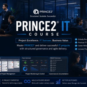 IT project team managing software development lifecycle using PRINCE2 IT Course methodology and tools