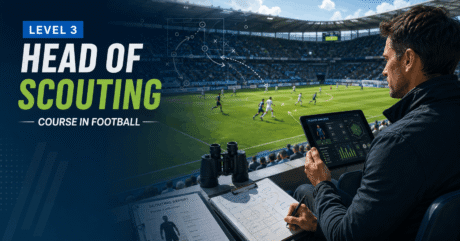 Professional scout assessing football players during a match in a Head of Scouting Course Level 3 programme.