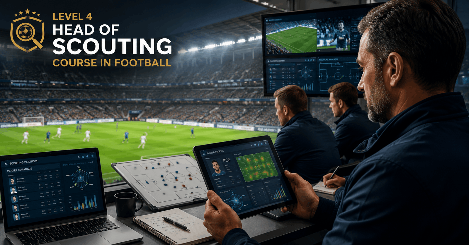 Professional scouts evaluating football players during a Head of Scouting Course training session.
