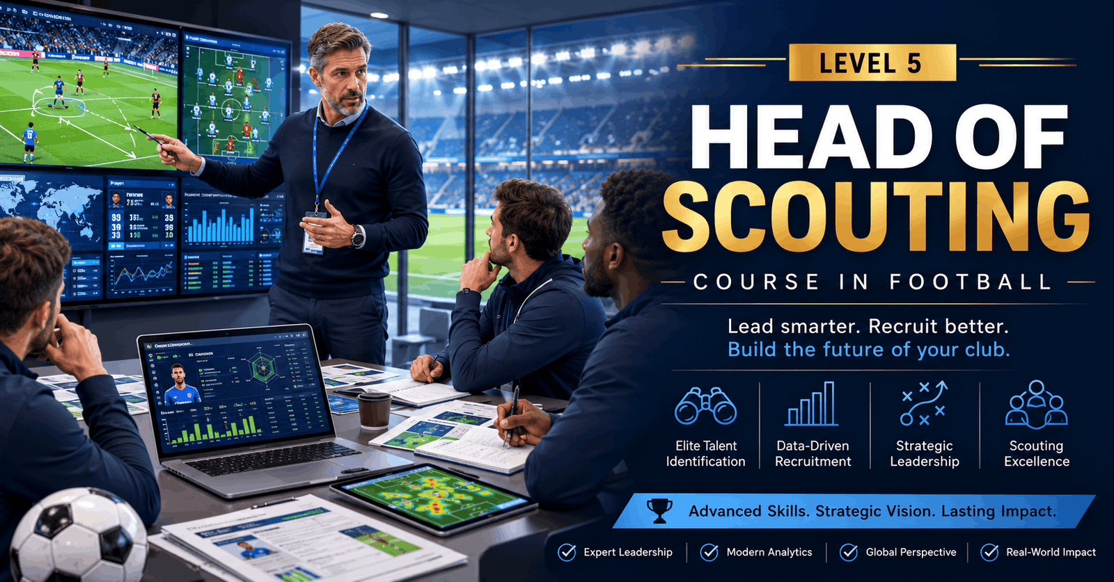 Professional Head of Scouting Course showing football recruitment analysis, scouts, tactical reports and player evaluation.